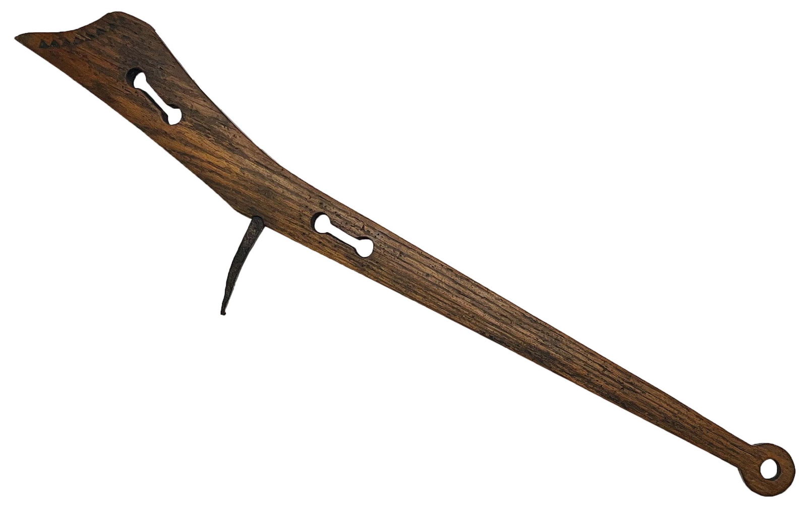 31" Spiked Gunstock Club. Ornate with cutout relief decoration: 31" Spiked Gunstock Club. Ornate with cutout relief decoration and engravings on head. Old wood handle and even older spike. 100 to 150 years old. Pictured in Who's Who #11, p103.