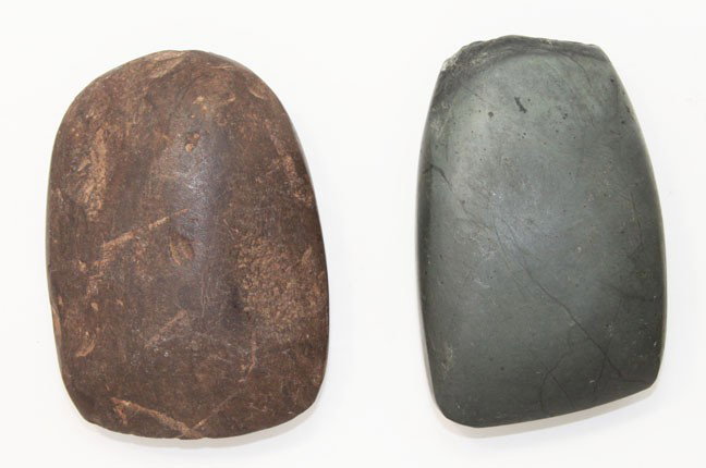 2 Celts, ex-Hathcock Collection. Cherokee Co, OK: Two Celts (3 1/4") from Roy Hathcock's Collection. Cherokee Co, OK. One is made of a polished green hardstone. Pictured in "Partain Relics"