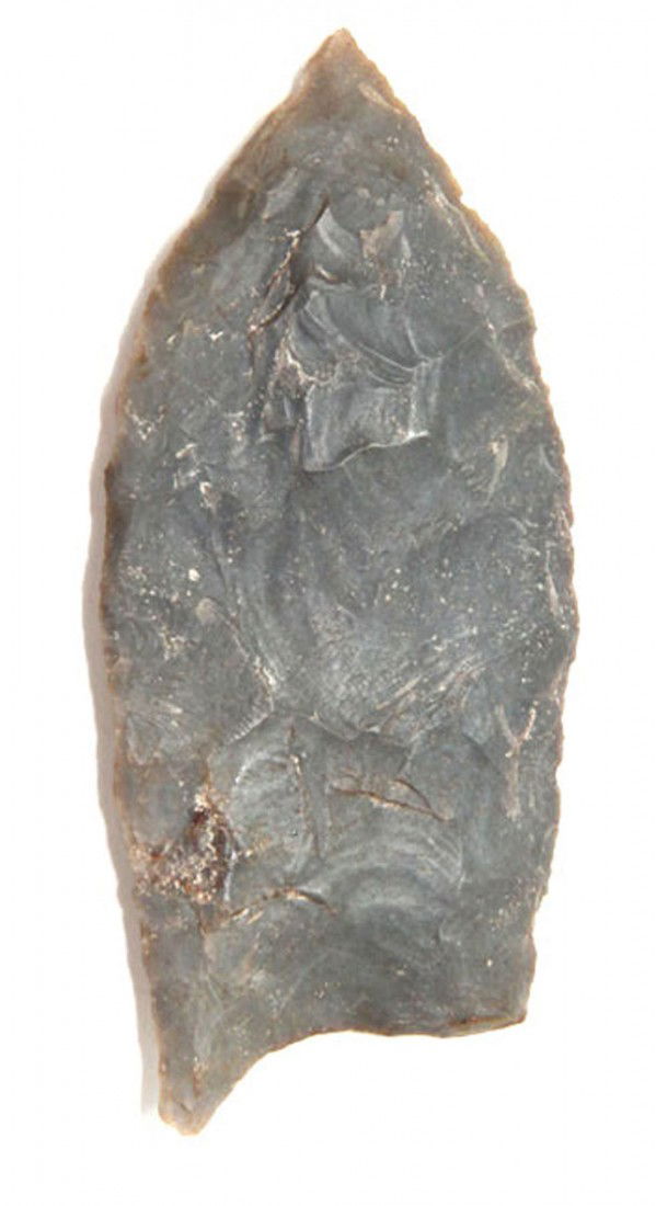 2 7/8" Paleo Point. Rush Co, IN. Putty Paper: 2 7/8" Paleo Point. Rush Co, IN. Found by Clarence Paulley in the 1930's. Thin, unfluted Clovis style. Putty Paper