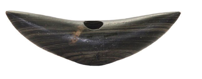 Curved Pick Bannerstone. Ex-Dilley. Davis G9 Pap: Fine 3 1/2" Curved Pick Bannerstone. Hancock Co, OH. Ex-Gilbert Dilley. Davis G9 Paper. Pictured in Partain Relics