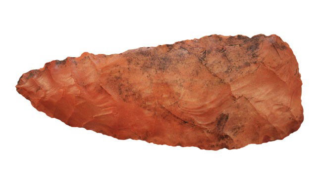 Crescent Paleo Knife. Mercer Co, KY. Partain COA: 3 13/16" Crescent Paleo Knife. Mercer Co, KY. Transverse flaking. Buffalo River Chert. Partain COA. Pictured in Partain Relics and on back cover of this sale catalog