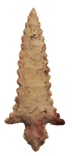 1 7/8" Serrated Hayes. Riley Site, AR. Partain CO: 1 7/8" Serrated Hayes. Riley Site, Pike Co, AR. Rare white example. Partain COA. Pictured in Partain Relics