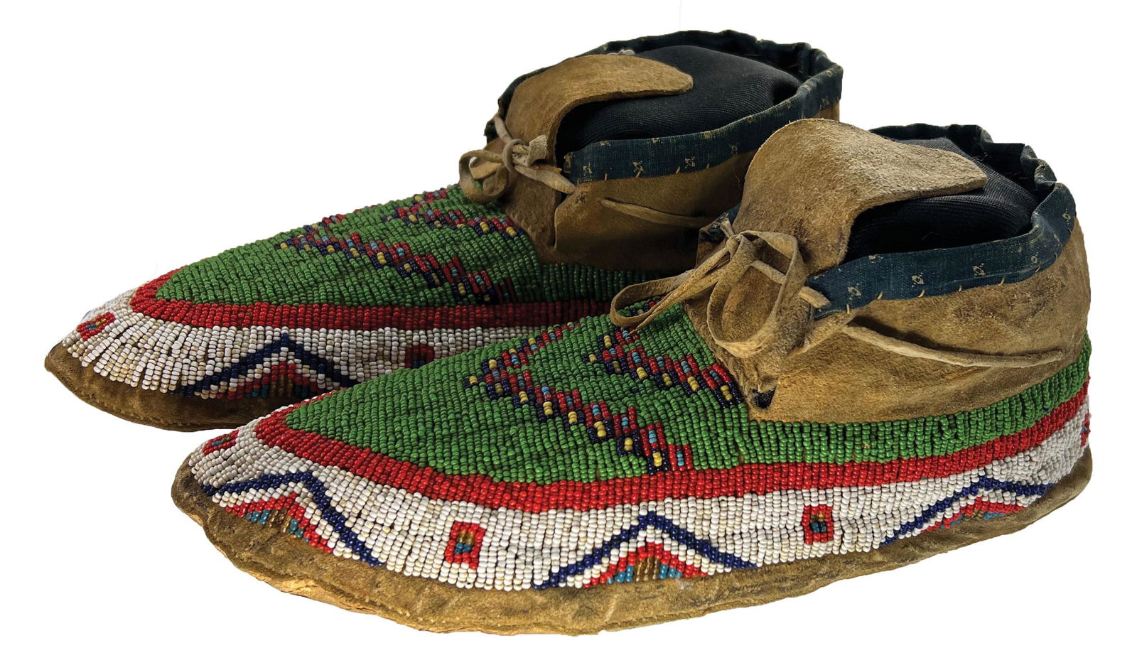 10 3/8" Sioux Beaded Moccasins.  An older pair (~150 years old) with (resoled) leather soles, fully (1 of 5)