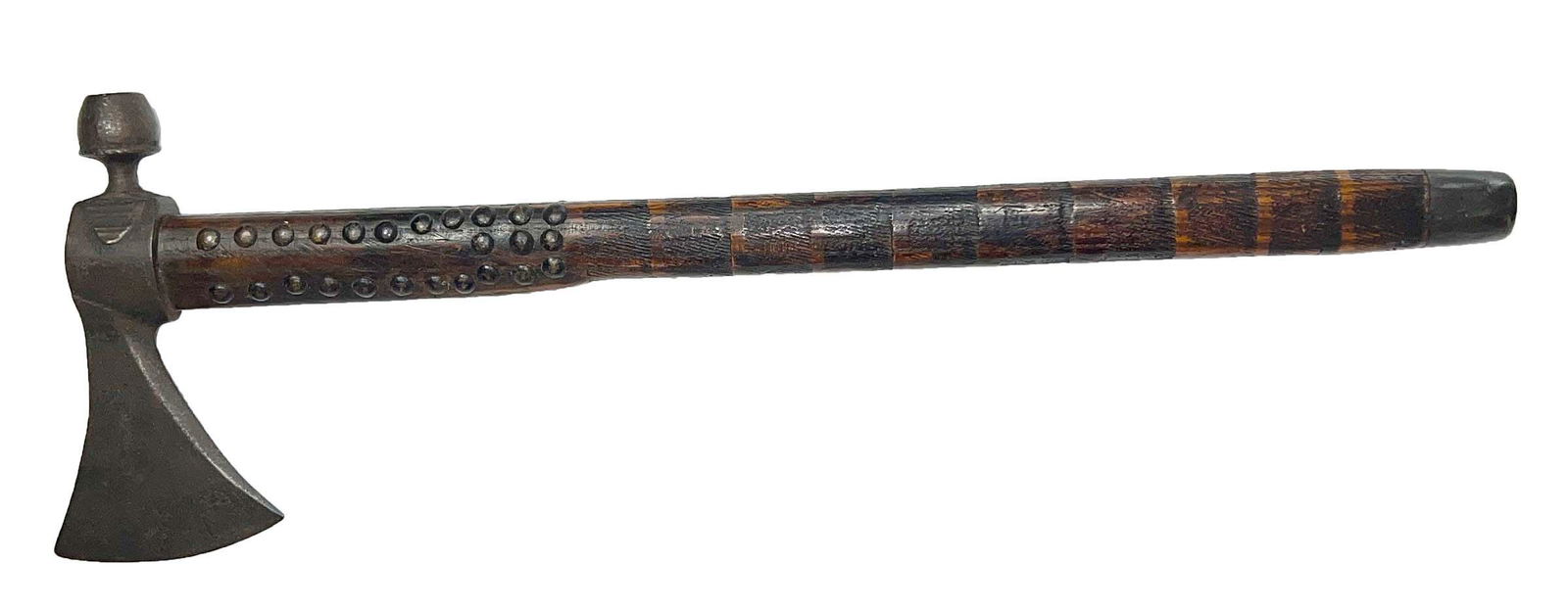 20 1/2" Tomahawk Pipe.  Very fine example with older hand forged head (some buildup).  Ornate with (1 of 6)