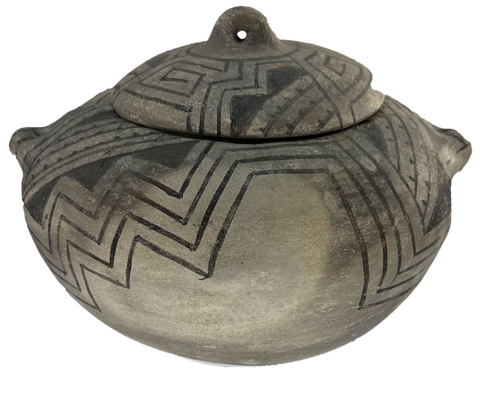 6" D. Anasazi Seed Pot with lid.  Drilled lugs.  Professionally restored.  Comes with metal stand. (1 of 5)