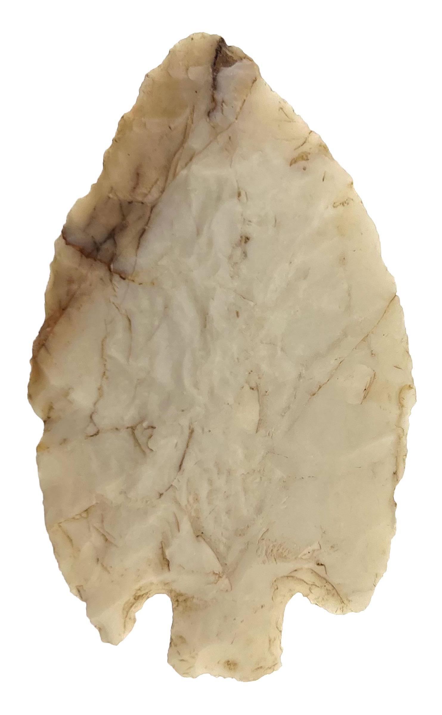 3 1/16" Ouachita Point.  Bowie Co, TX.  Very thin with pronounced flaking.  White Novaculite. Bill (1 of 3)