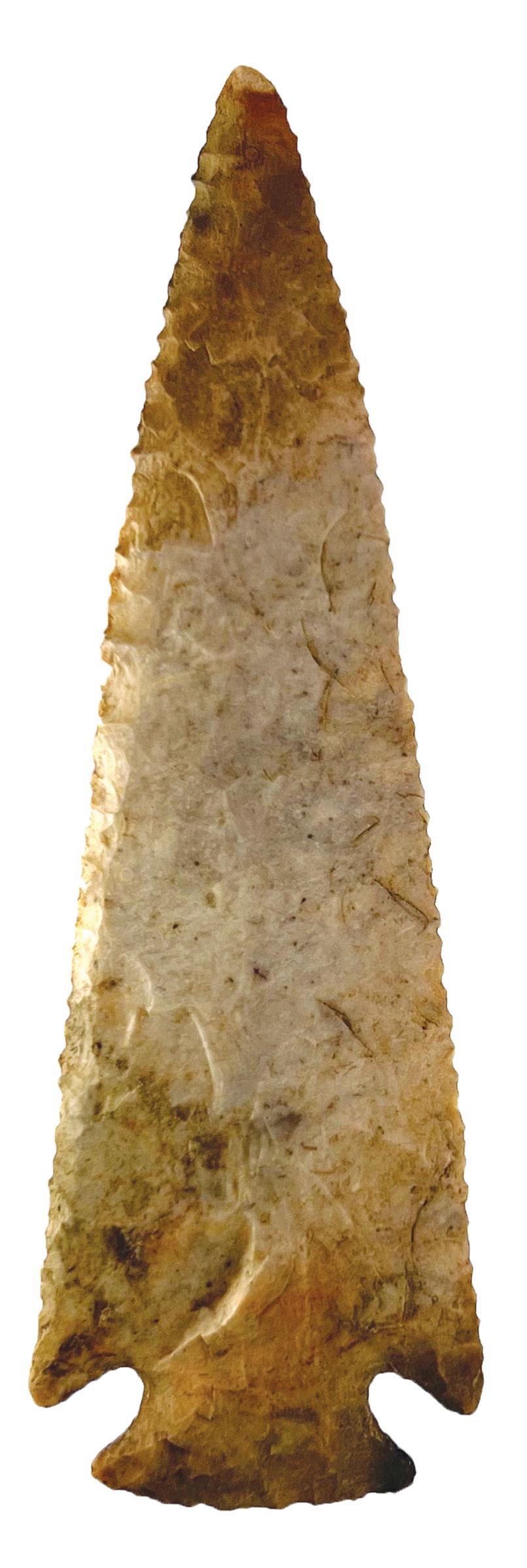 4 7/8" Kirk.  Missouri.  Tan and orange Burlington Chert.  Excellent edgework, very thin profile. (1 of 4)
