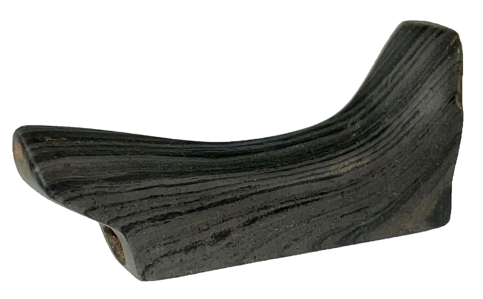 2 5/8" Slate Birdstone with Davis COA. Adams Co, OH. Banded Slate: 2 5/8" Slate Birdstone. Head anciently salvaged (very well done). Adams Co, OH. Banded Slate, well polished. Fully drilled, holes intact. Davis COA