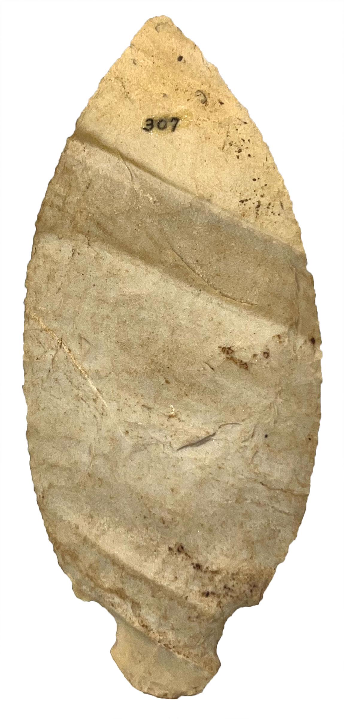 4 5/16" Perino Knife. Pike Co, MO. Rare. Pictured in Paleo Indian Artifacts: 4 5/16" Perino Knife. Pike Co, MO. Rare type. Late Paleo Ovoid with a base tang. Well made and in fine condition. Ex-Mitch Lewis, Dale & Betty Roberts. Pictured in Paleo Indian Artifacts (Hothem, p305