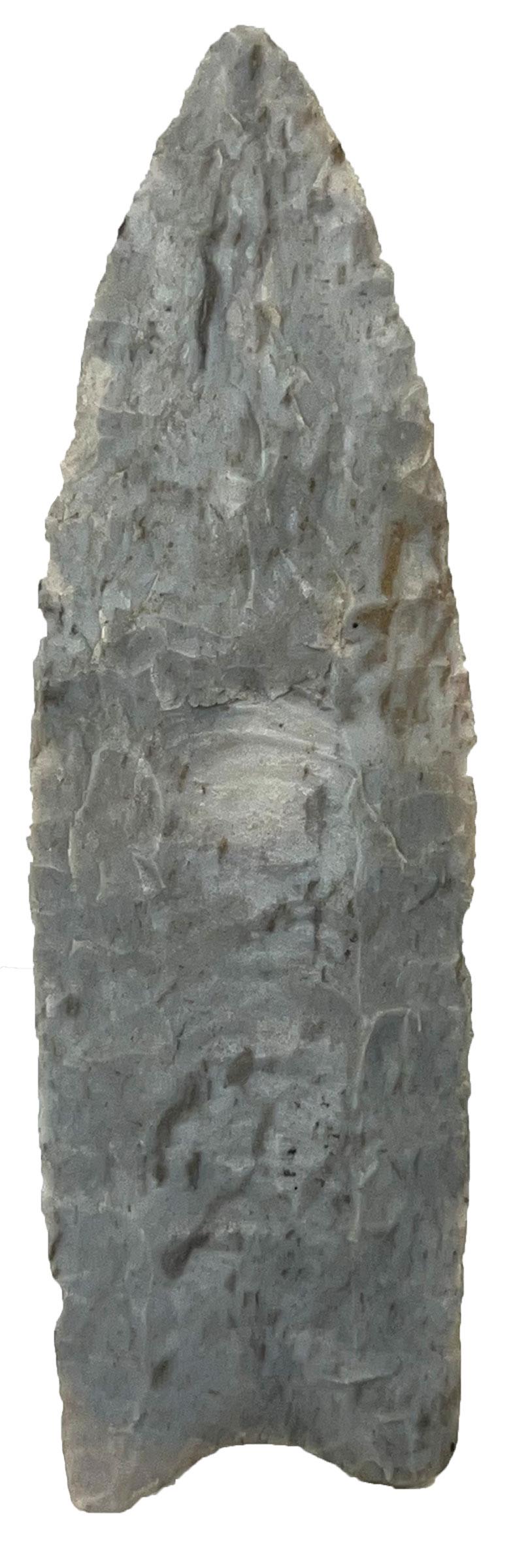 4 5/16" Clovis. Davis G9 COA. Ohio. Bluish Gray Upper Mercer Chert.: 4 5/16" Clovis. Ohio. Large, broad example, well fluted on both sides. Thin, consistent profile. Bluish Gray Upper Mercer Chert. Davis G9 COA. Pictured on inside cover of auction catalog