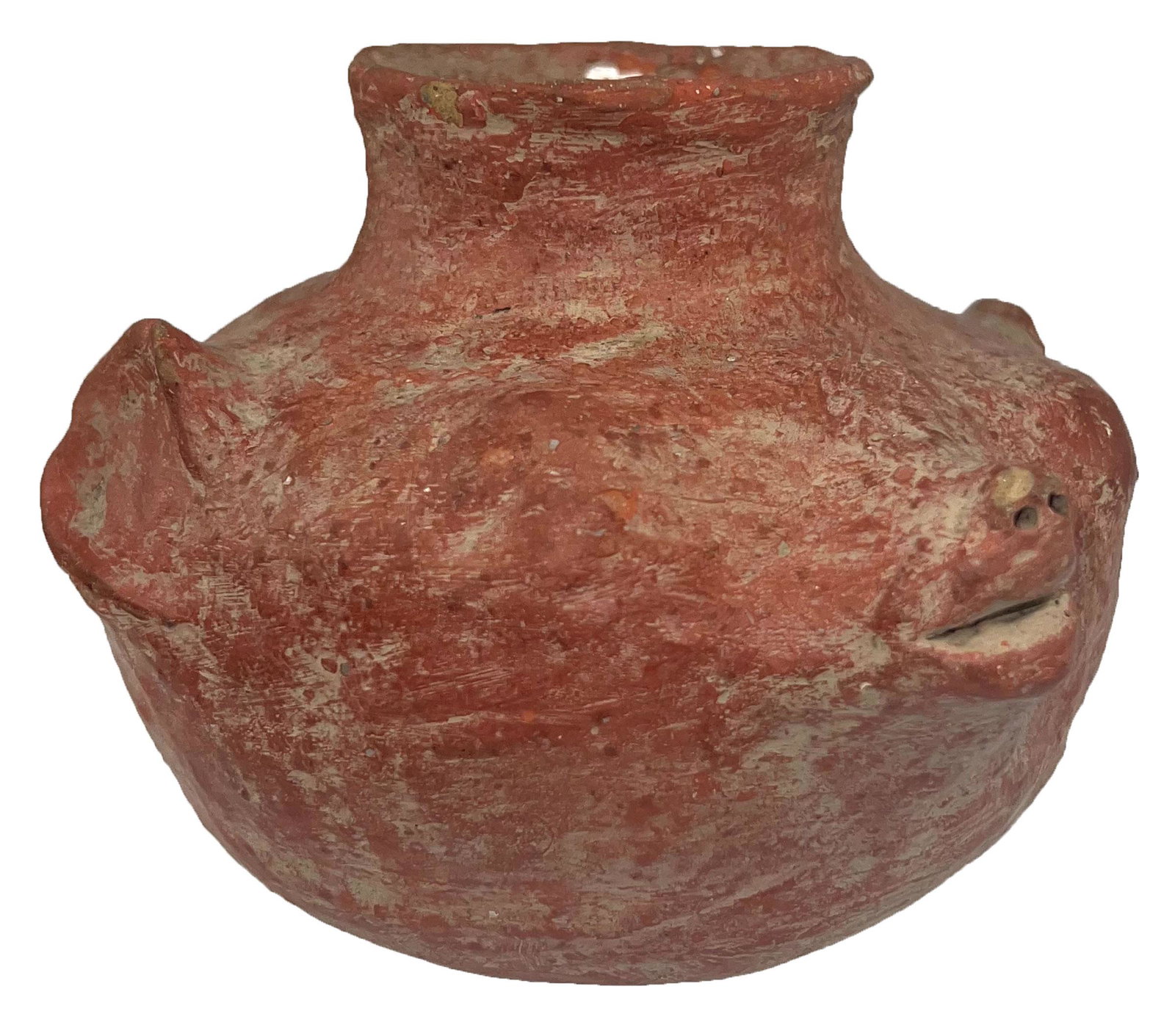 5 1/8" D. Bear Head Effigy Jar. Quapaw. Rings solid with original paint.: 5 1/8" D. Bear Head Effigy Jar. AR. Quapaw. Rings solid with original paint. Rare effigy and in fine condition. Ex-Burton/Teubner