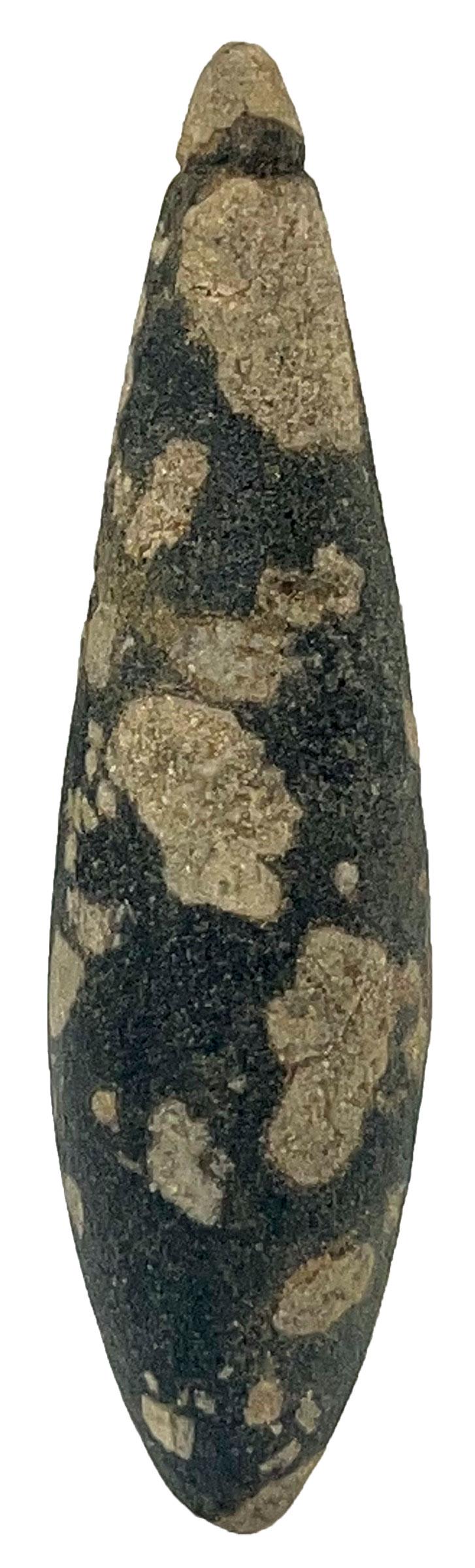 3 5/8" Grooved Porphyry Plummet. Fulton Co, IL. Found by Eugene Nichols: 3 5/8" Grooved Porphyry Plummet. Fulton Co, IL. Weathered surface. Striking black and cream Porphyry. Ex-Pat Evans. Found by Eugene Nichols