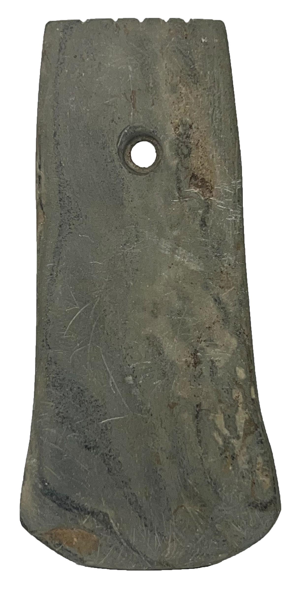 3 7/16" Shovel Pendant. OH. 5 Tallies adorn top. Banded Slate.: 3 7/16" Shovel Pendant. OH. 5 Tallies adorn top. Banded Slate. Some shallow flaking on back. Ex-Glenn McQuaide