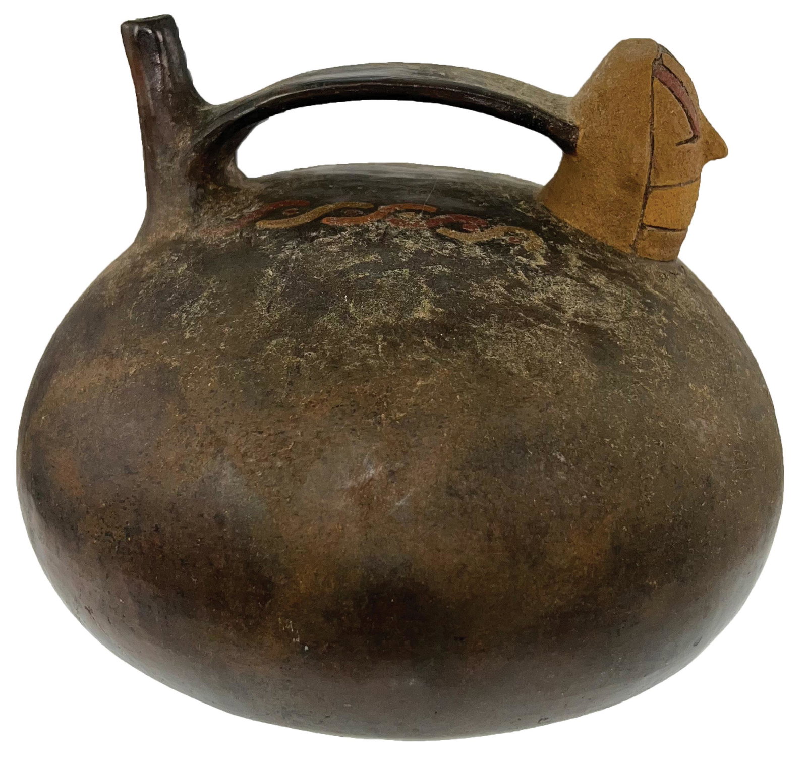 7 1/2" D. Nazca Stirrup Vessel. Peru. Superb example. Ex-Burton/Teubner: 7 1/2" D. Nazca Stirrup Vessel. Pre-Columbian. Peru. Superb example with dark brown paint and colorful face decoration along with perfect decoration near strap handle. Appears solid with original pain