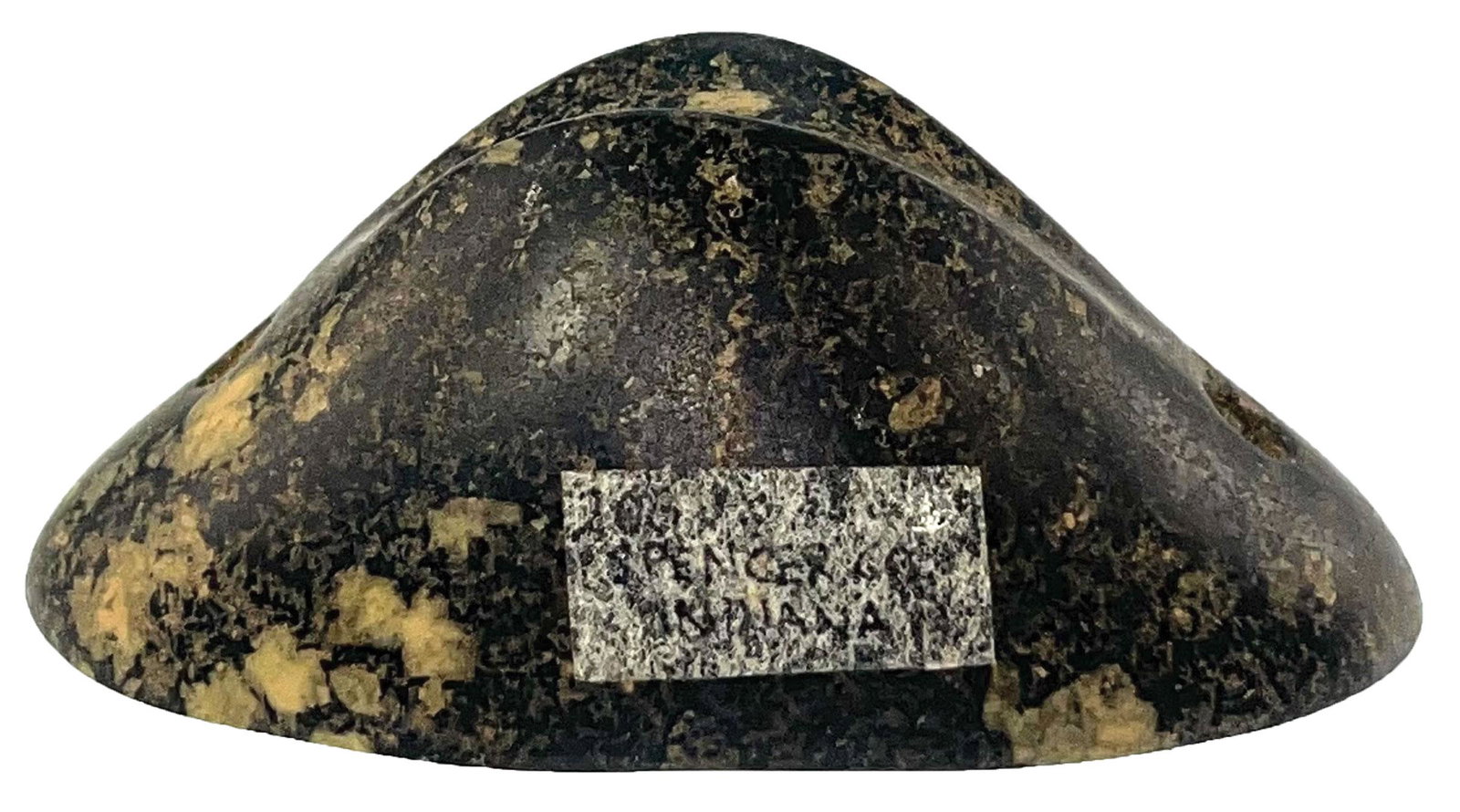 3 5/8" Keeled Boatstone. Spencer Co, IN. Highly polished Porphyry.: 3 5/8" Keeled Boatstone. Spencer Co, IN. Highly polished Porphyry. Superb little example with correct hole construction and pronounced "keel" on top. Ex-Burton/Teubner