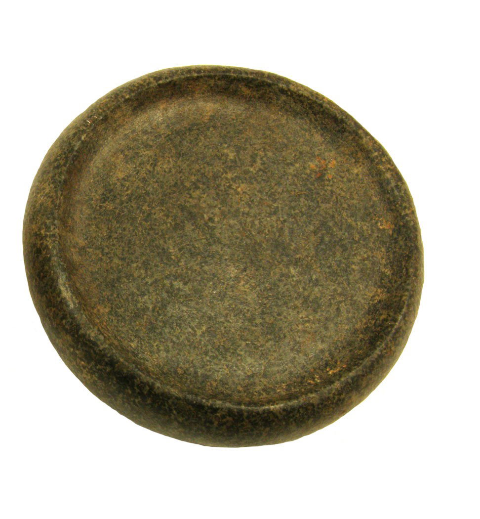3 5/8" Granite Cahokia Discoidal. Albert Lea, MN,: 3 5/8" Granite Cahokia Discoidal. Albert Lea, MN. Ex-Lloyd Dugstad Collection. Classic shape, 7/8" thick