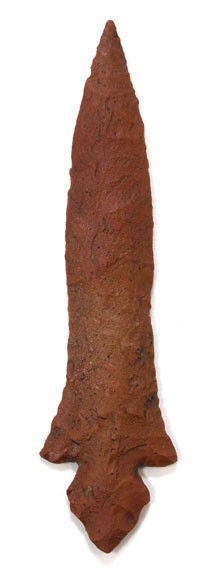 3" Museum Quality Red Hayes. Pictured. Papered: 3" Museum Quality Hayes. Gold & red Kiamichi Chert. Riley Site, Pike Co, AR. Wafer thin. Pictured in Prehistoric Antiquities Quarterly. Partain Paper. Pictured on back cover of auction catalog