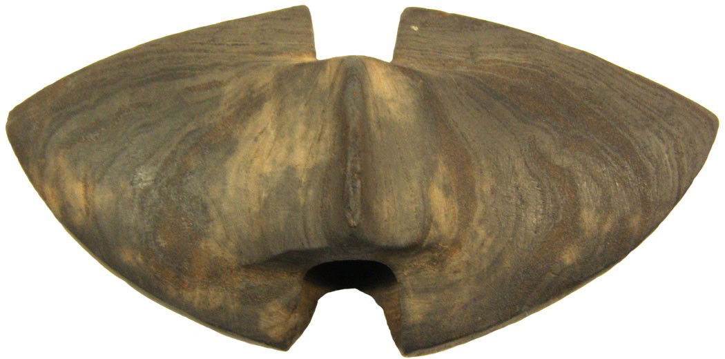 Double Notch Winged Bannerstone. Pictured: 3 7/8" Double Notched Winged Bannerstone. Van Buren Co, MI. Great old Banner. Has the old Don Boudeman "stamp", indicating where found. Pictured in Ohio Slate Types (Converse) and Indian Bannerstones