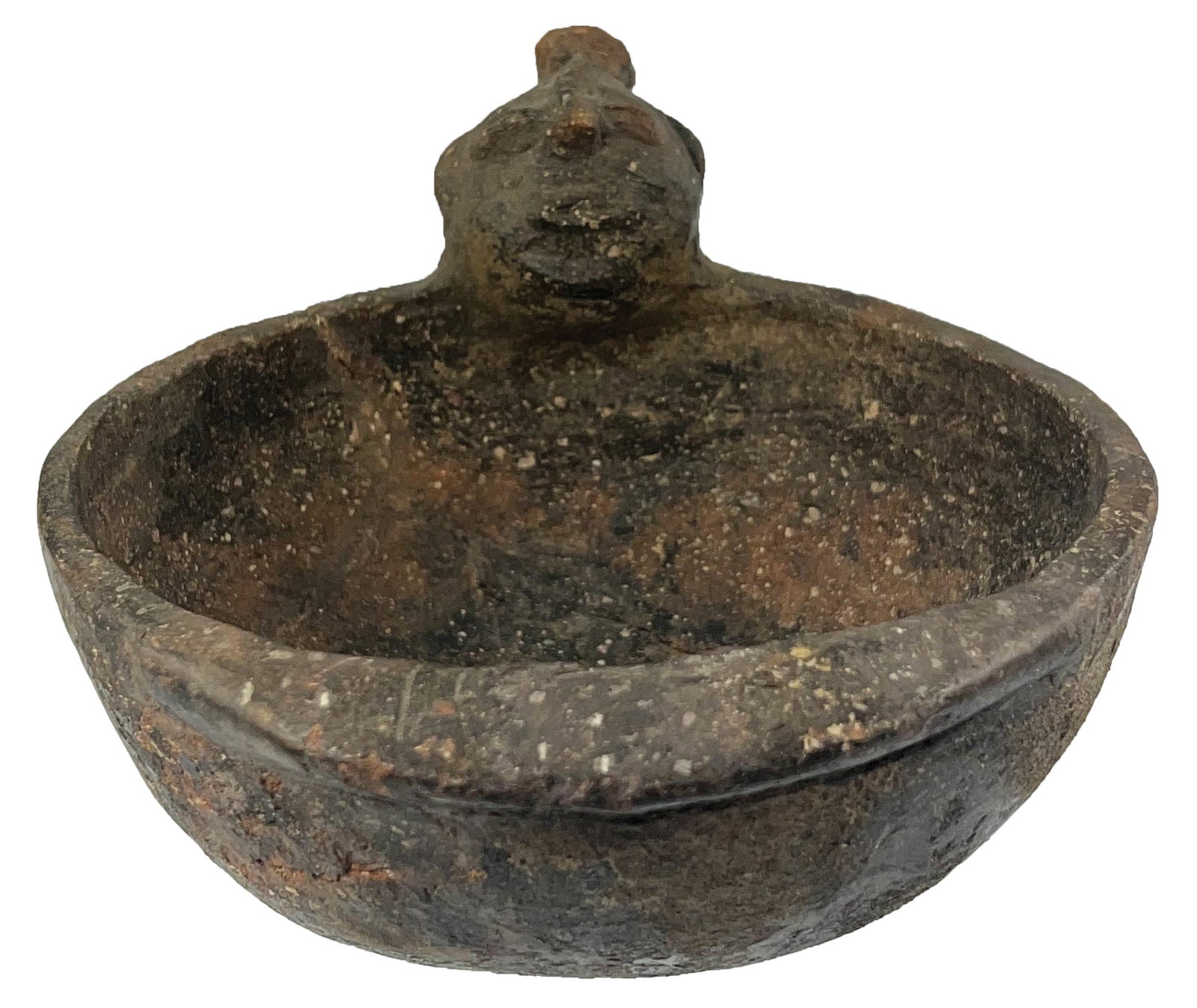 6 1/2" D. Rattlehead Rim Effigy Bowl. Marion Co, TN. Glued with little filler.: 6 1/2" D. Rattlehead Rim Effigy Bowl. Marion Co, TN. Glued with little filler. Detailed head with tattooed chin and top not hair. Ex-Burton Teubner. Ex-Hershel Love