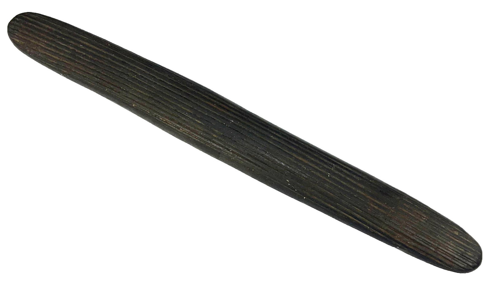 11 1/8" Bark Beater. Leflore Co, OK. Dark brown Hardstone. Excellent condition.: 11 1/8" Bark Beater found in a trash pit by Kim McKenzie at Spiro Mounds after Pocola Mining Excavation. Leflore Co, OK. Oval profile with 9 perfect lines engraved the full length on both sides. Dark 