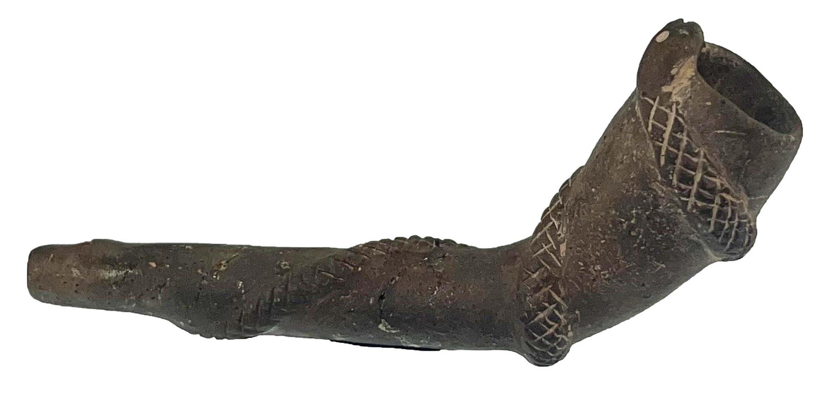 4 1/2" Coiled Snake Pipe.  TN.  Engraved.  Mississippian to Early Historic Ceramic Pipe. (1 of 7)