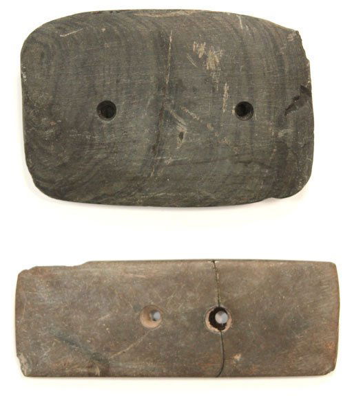 Two 3 1/4”-3 5/8” Gorgets. Found by Bill Marlott: Two 3 1/4”-3 5/8” Gorgets. One glued. Other not completely drilled. IN. Found by Bill Marlott