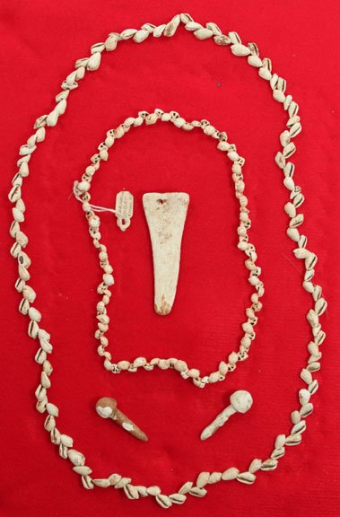 Shell Necklace, 2 3/4” Gorget, 2 Ear Pins. Indian: Shell Necklace, 2 3/4” Gorget, 2 Ear Pins. Indian Knoll