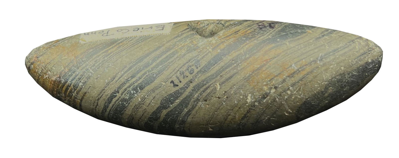 4 3/8” Curved Pick Bannerstone. Erie Co, Pa. Banded Slate With Vivid