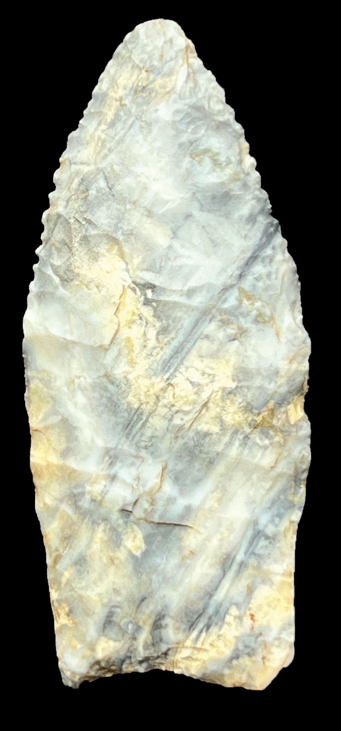 2 3/4" Clovis. Cooper Co, MO. Light flute. Basal thinning and grinding. Thin. Putty G8+ COA: 2 3/4" Clovis. Cooper Co, MO. Light flute. Basal thinning and grinding. Thin. Attractive gray and white Mozarkite. Putty G8+ COA