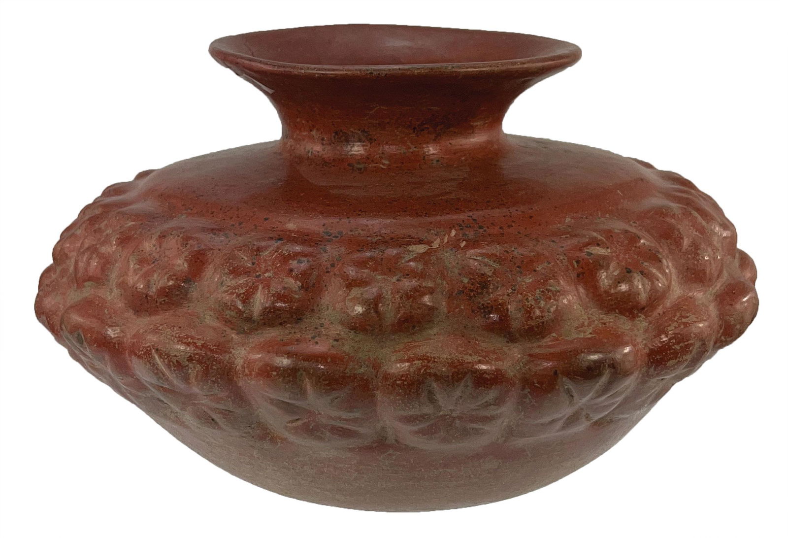 11" D. Globular gadrooned redware vessel with Cactus buttons Has Appraisal by Dockstader: 11" D. Globular gadrooned redware vessel with Cactus buttons decorating shoulders. Constricted neck with flaring rim. Burnished surface with some wear. Solid, in very good condition. Colima. Mexico. P