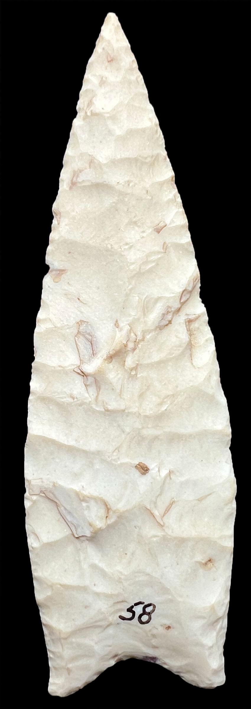 4" Dalton. Cooper Co, MO. Very thin and well flaked. Bright white Crescent Quarry. Putty COA: 4" Dalton. Cooper Co, MO. Very thin and well flaked. Glossy, bright white Crescent Quarry. Putty G10 COA