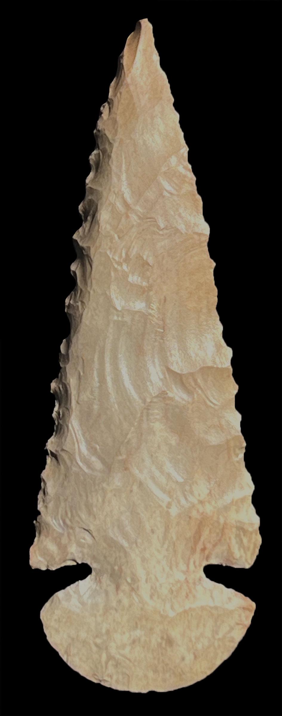 3 9/16" Beveled Dovetail. Pictured in Overstreet #11, p405. Haney. Ex-Hogue. Perino COA: 3 9/16" Dovetail. Found near TN River in Tennessee. Glossy Haney Chert. Ex-Jim Hogue. Fine condition, fine edgework. Pictured in Overstreet #11, p405