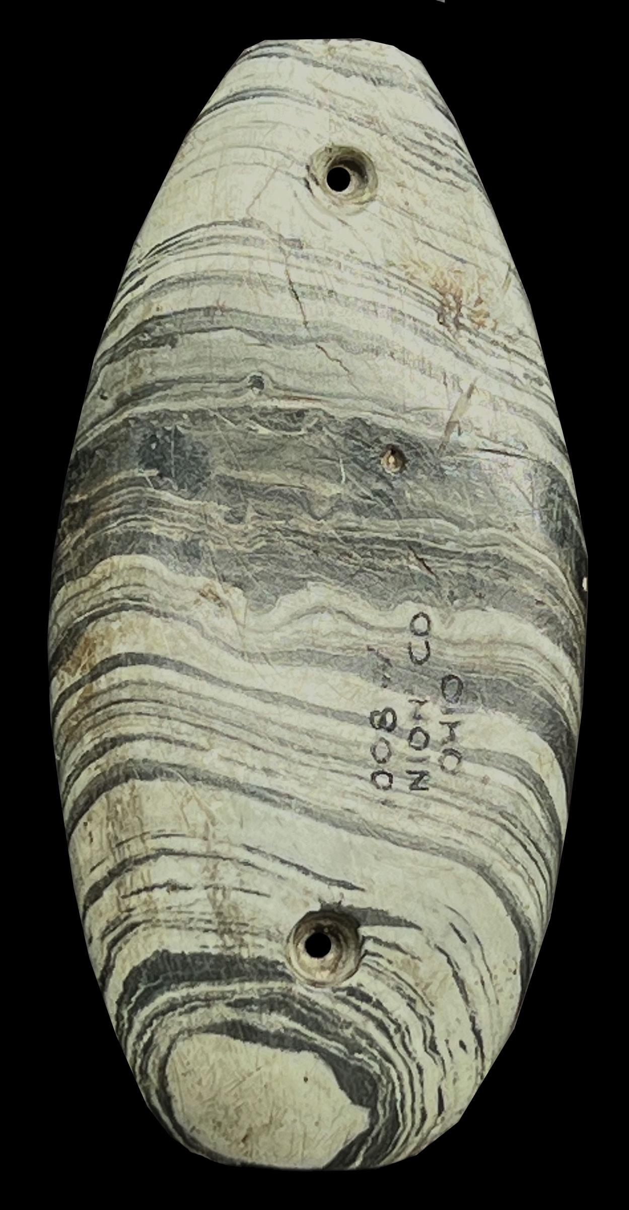 5" Glacial Kame Gorget. Ex-Dave Root, Wherle (1108). Vivid green banded Slate.: 5" Glacial Kame Gorget. Union Co, OH. Ex-Dave Root, Rick Waibel, Augustine Wherle (1108). Good conodition. Two holes with third being started. Vivid green banded Slate. Will be pictured in the Root Co