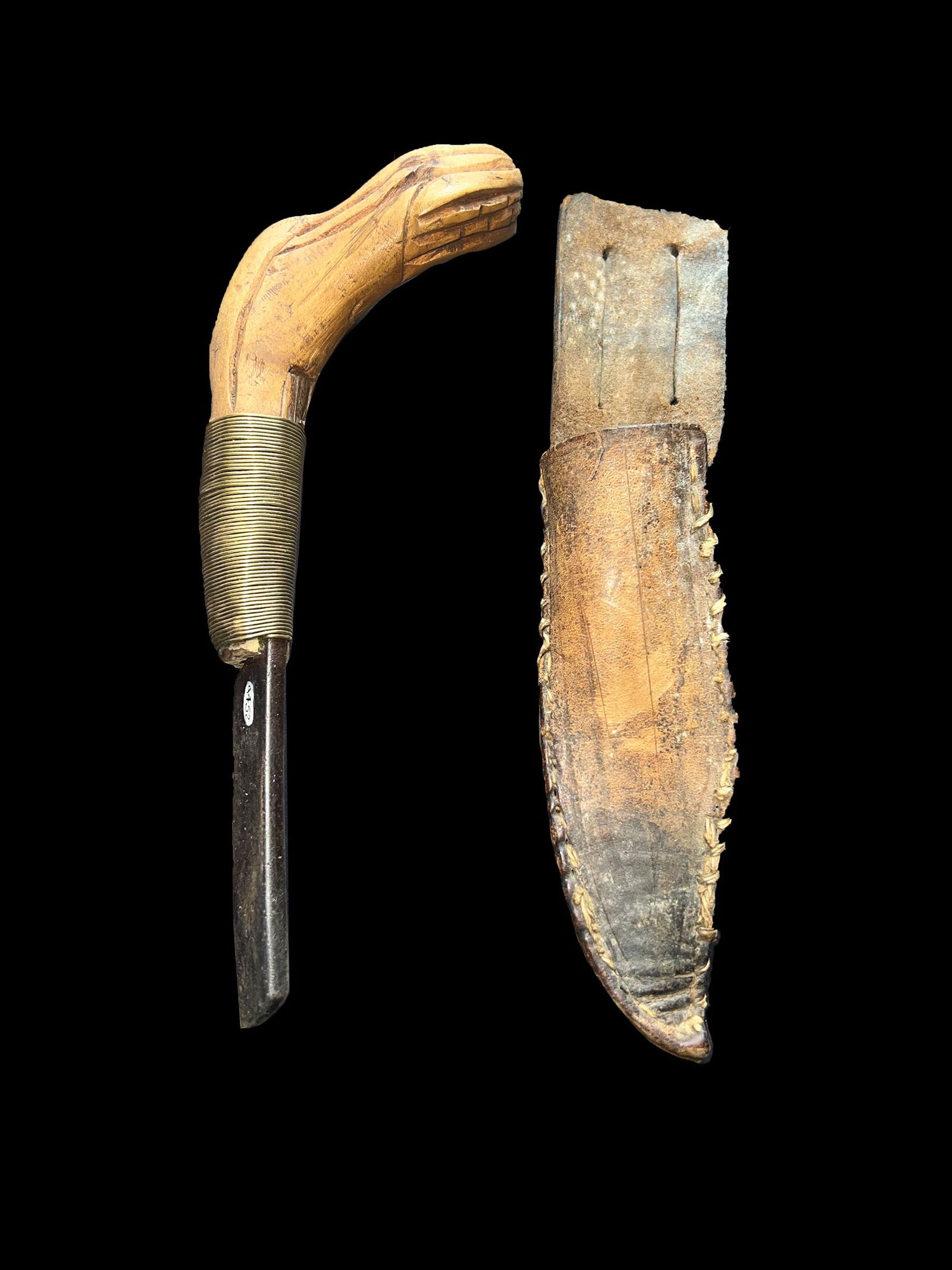 Vintage 7 7/8" Northeastern hand carved Crooked (Crook'd) Knife and Hide Sheath.: Vintage 7 7/8" Northeastern hand carved Crooked (Crook'd) Knife and Hide Sheath. Finely carved Burl Maple handle wrapped in Copper telegraph wire and with metal (straight razor) blade. Decorated handl