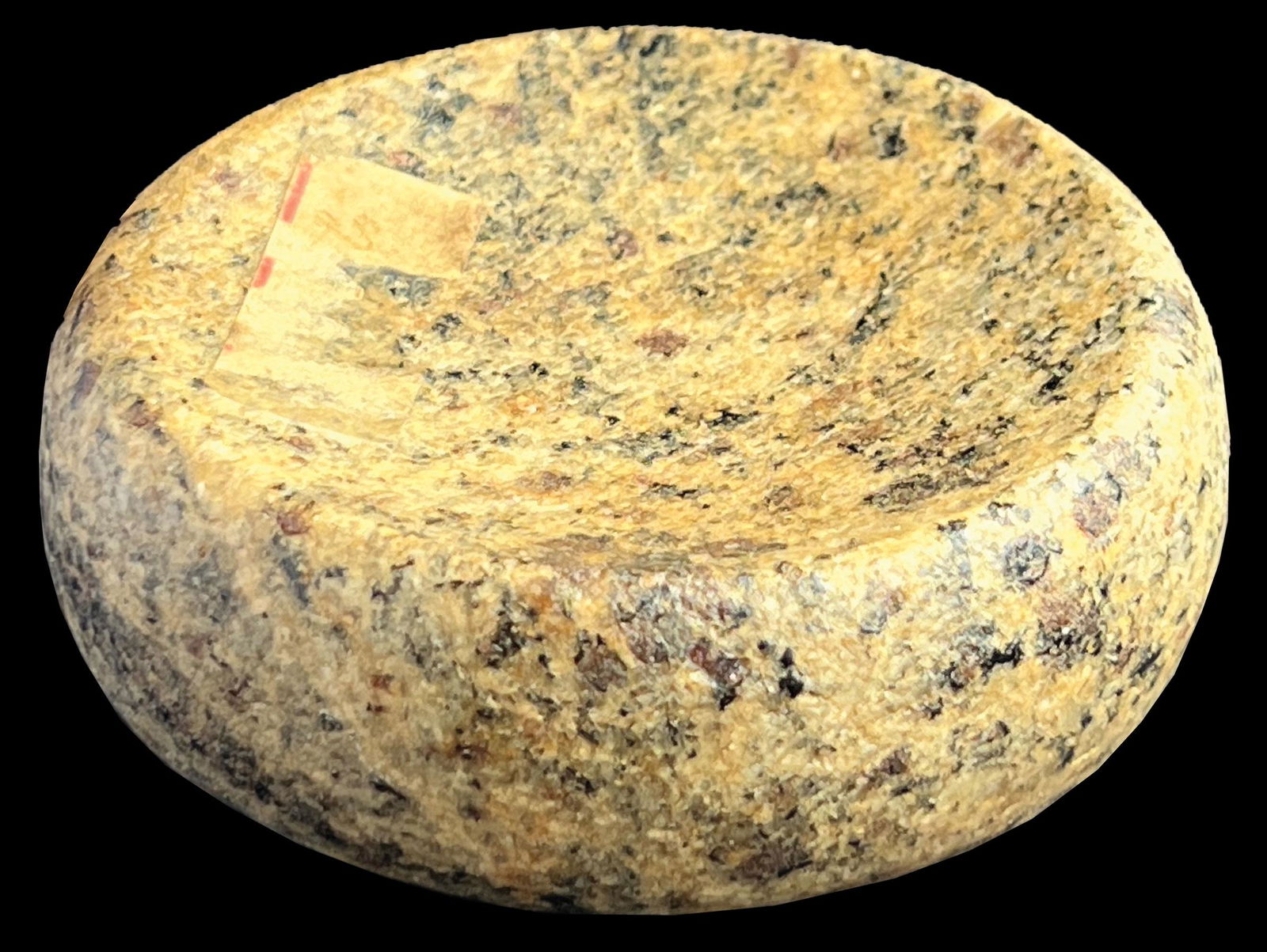 3 7/16" Cahokia Discoidal. Alexander Co, IL. Attractive tan and black Granite. Putty G10 COA: 3 7/16" Cahokia Discoidal. Alexander Co, IL. Attractive tan and black Granite. Excellent symmetry. Putty G10 COA