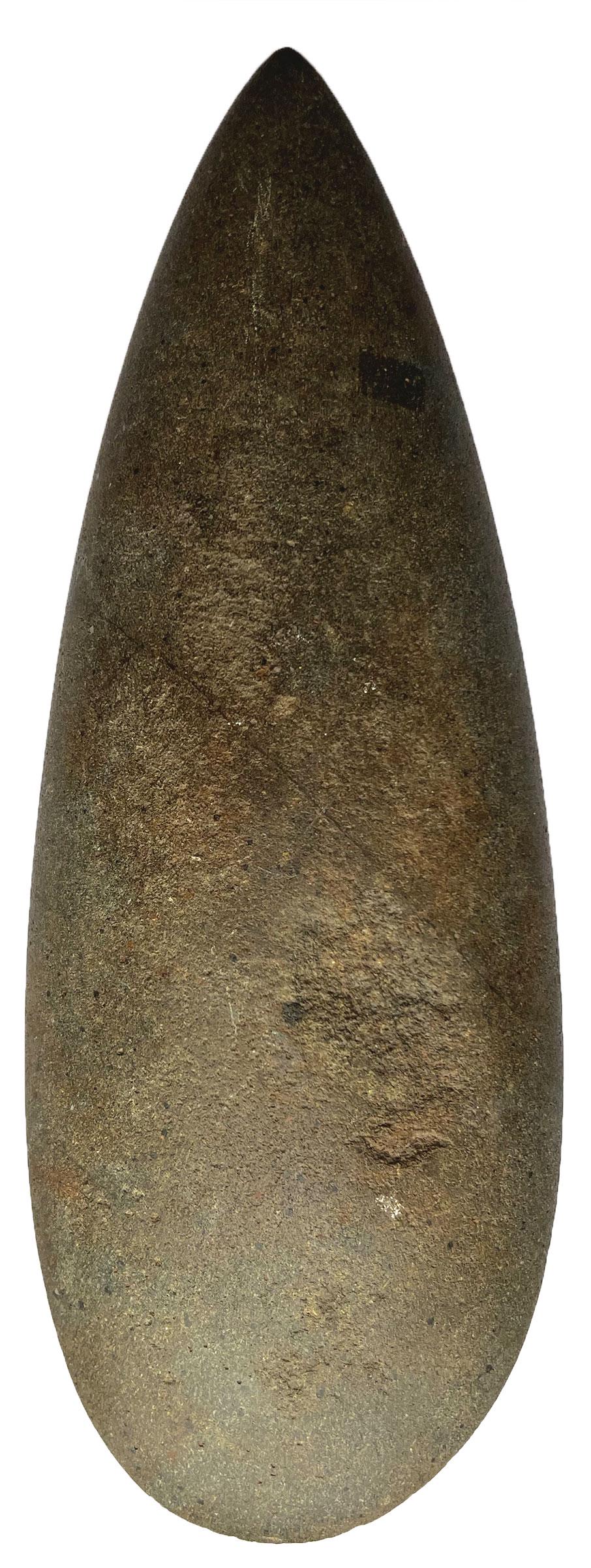 12 1/2" Teardrop Celt. Dominican Republic. Taino, 1000 to 1500 AD. Very broad (4 1/2").: 12 1/2" Teardrop Celt. Dominican Republic. Taino, 1000 to 1500 AD. Very broad (4 1/2"). Fine condition, light worn over scuff