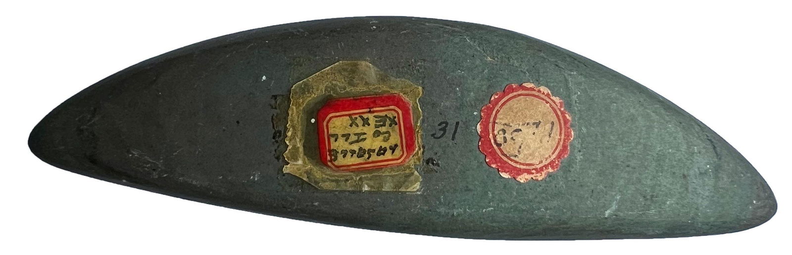 4 5/8" Slate Crescent Bannerstone. LaSalle Co, IL. Has a new hole, drilled in a preform.: 4 5/8" Slate Crescent Bannerstone. LaSalle Co, IL. Old Banner in excellent conditobn. Has a new hole, drilled in a preform.