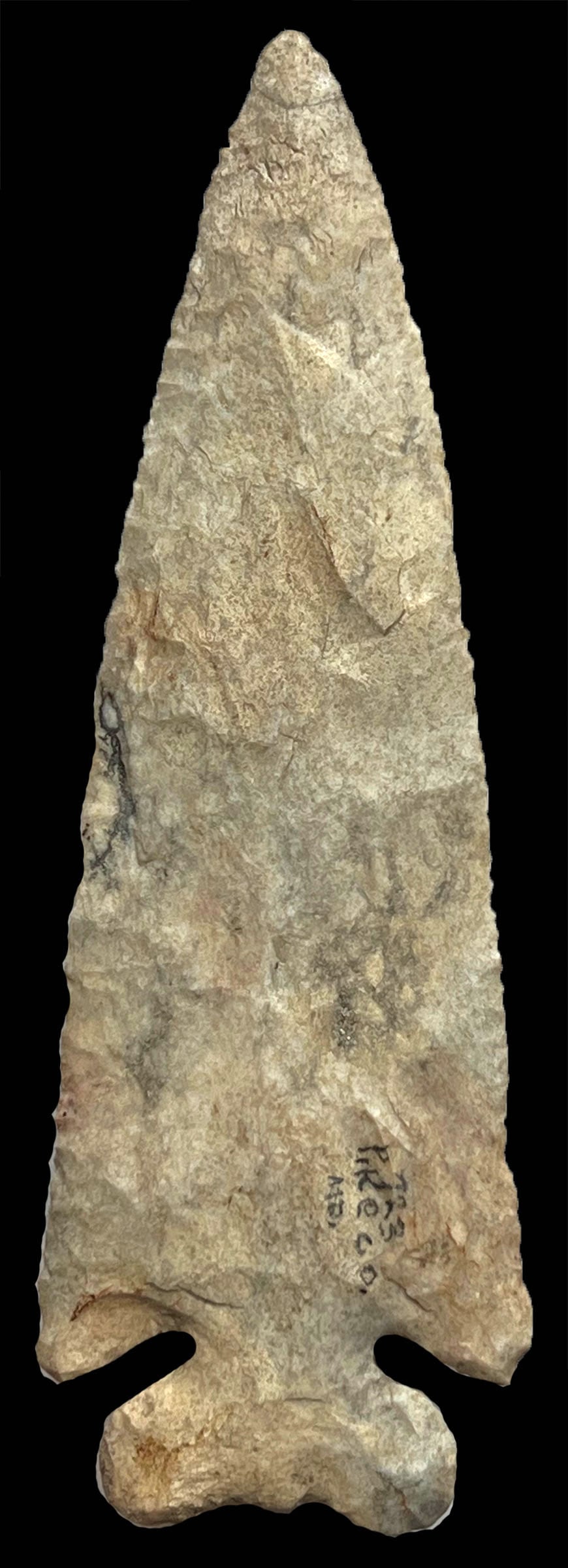 7 3/4" Thebes Spear.  Pike Co, MO (Ashley).  Very large, well made and in fine condition.  Putty G9+ (1 of 4)