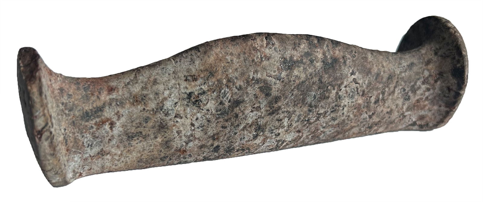 5 1/8" Dilley Bar Amulet. From a cache of 3 found around 1910 in Adams Co, OH. Ex-Gilbert Dilley.: 5 1/8" Dilley Bar Amulet. From a cache of 3 found around 1910 in Adams Co, OH. Gneiss with red tint from red ochre staining. Finely polished, excellent symmetry. Highly developed with flared ends and