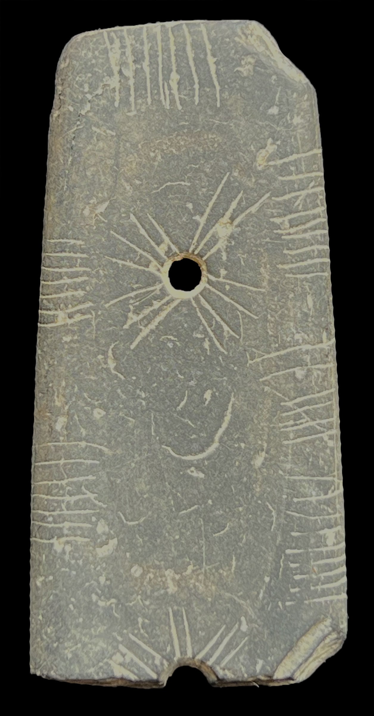 3" Broken Gorget with heavy engraving.  Hardin Co, KY.  Ex-Dale Rector (1 of 2)