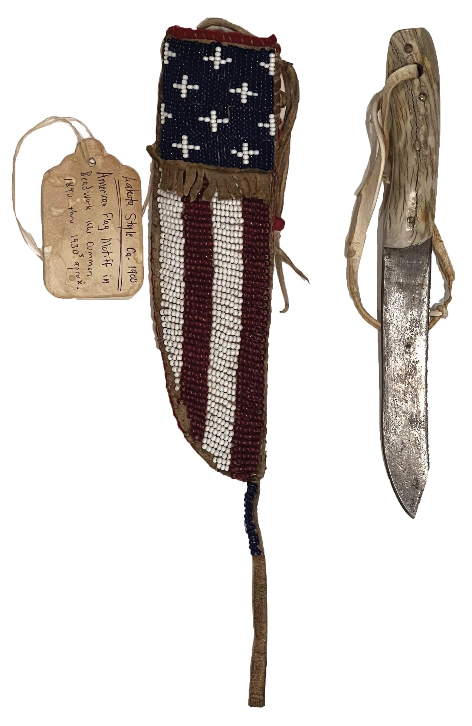 9" Dakota Style Scabbard and 10" Bone Handle and Forged Knife. Ex-Dale Rector: 9" Dakota Style Scabbard and 10" Bone Handle and Forged Knife. Sheath is buffalo rawhide back with deer brain tan front panel. Beautiful American flag motiff beadwork. Common between 1890 and 1930. Co