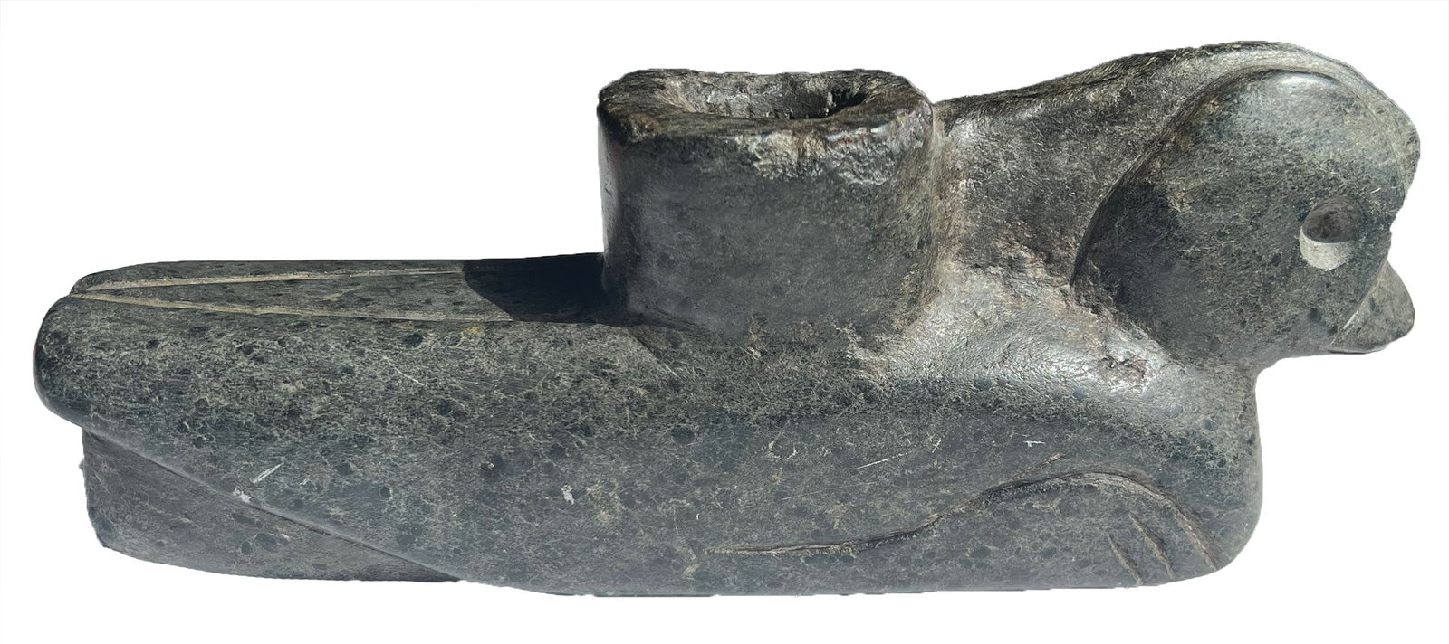 10 1/8" Duck Effigy Pipe. Polished Steatite. Acquired by Bill Craycraft from Ben Thompson.: 10 1/8" Duck Effigy Pipe. 1920's to 1950's tourist trade item. Polished Steatite. Acquired by Bill Craycraft from Ben Thompson.