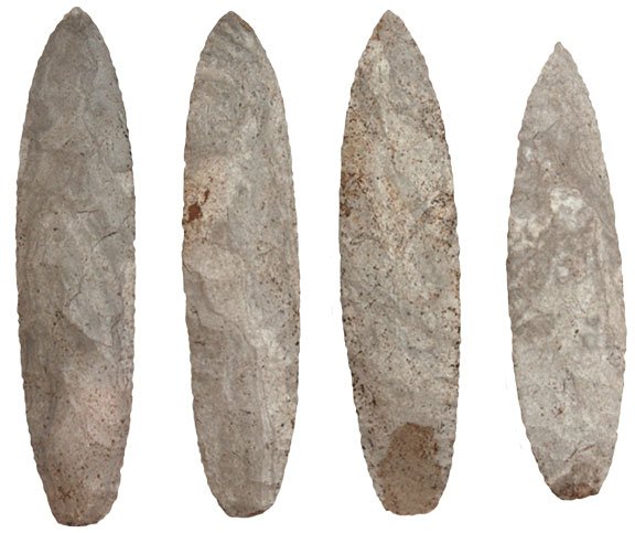 Four Nebo Hill Points. Indiana Green. Davis COA: Four Nebo Hill Points. Indiana Green. 5 1/4 -5 7/8”. From cache of 10. Flat Rock, IN. FB Josh Shannon. Rare and well made. Ex-Curt Wheeler. Putty & Davis G10 COAs