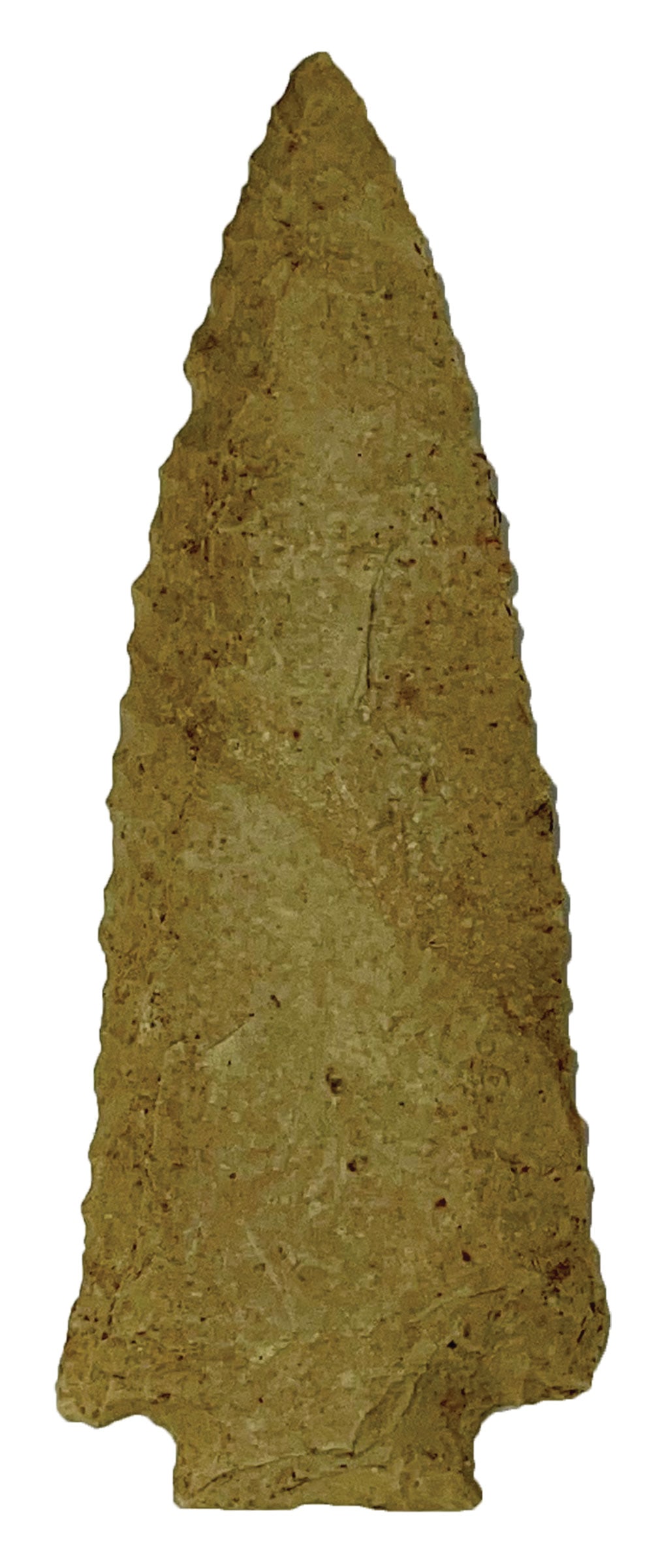 4 3/16" Decatur. Bloomfield Chert. Partain and Putty COA's: 4 3/16" Decatur. Bloomfield Chert. Found near the Ohio River in Daviess County, Kentucky. Aging in basel notches. Beveled blade flaking. Ex Robert Jones and Terry Allen. Partain and Putty COAs
