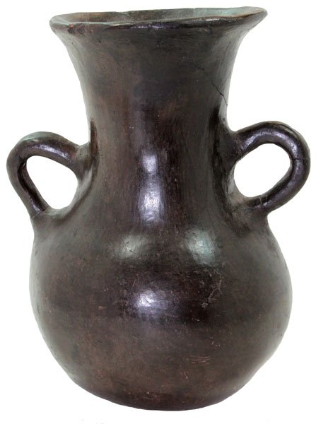 5 1/8” Rio Grande Pueblo Blackware Jar. Santo Dom: 5 1/8” Rio Grande Pueblo Blackware Jar. Santo Domingo. Old label reads “Am Ethnology, Vol 29”. Minor repair
