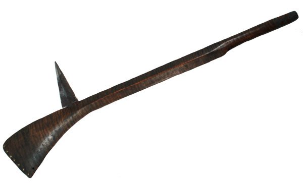 27” Swoop Design Gunstock Wood War Club. Fiddleba: 27” Swoop Design Gunstock Wood War Club. Fiddleback Maple with old tacking and pewter inlay at end of handle. Iron pin made from rasp. Nice