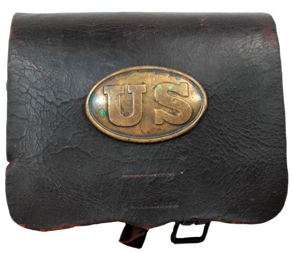 Very fine 8” Leather Civil War Cartridge Box with: Very fine 8” Leather Civil War Cartridge Box with tins. Made by H.G. Hendrich. Includes breast strap with buckle