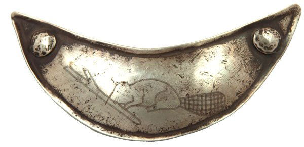 5 3/4” Trade Silver Gorget with incised beaver: 5 3/4” Trade Silver Gorget with incised beaver. Cass Co, MI