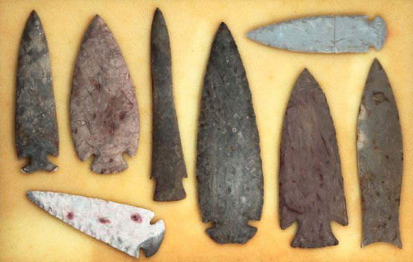 8 large (up to 8”), modern flint spears: 8 large (up to 8”), modern flint spears. Displayed by the Indiana Society during the 1970’s as fraudulent specimens