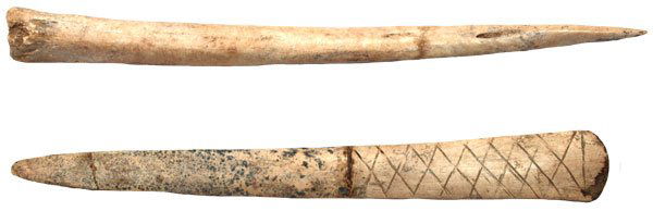 Large 9 1/2” & 10 1/4” Bone Awls. KY. Ex-Mike Se: Large 9 1/2” & 10 1/4” Bone Awls. Engraved Awl is glued. KY. Ex-Mike Sedler Collection